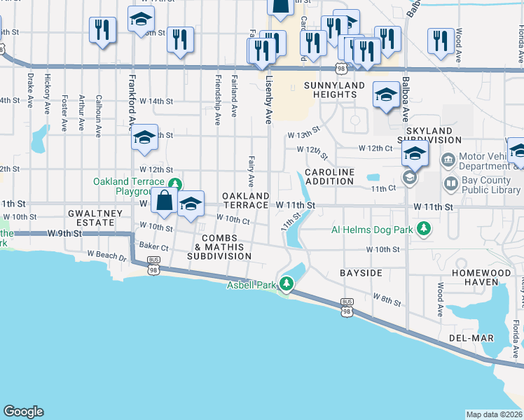map of restaurants, bars, coffee shops, grocery stores, and more near 1436 West 11th Street in Panama City