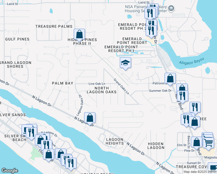 map of restaurants, bars, coffee shops, grocery stores, and more near 630 Live Oak Lane in Panama City
