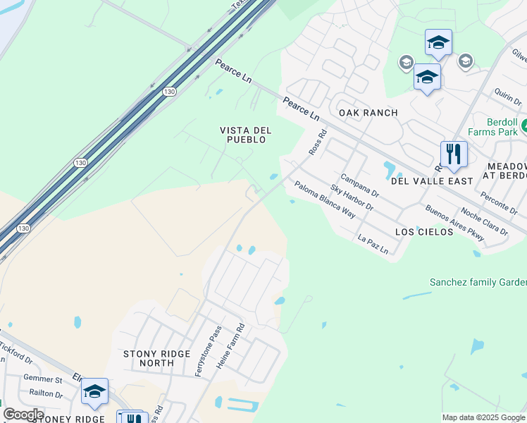 map of restaurants, bars, coffee shops, grocery stores, and more near 12021 Foley Drive in Del Valle