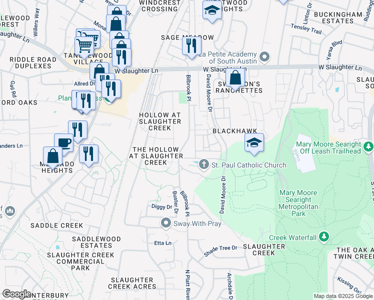 map of restaurants, bars, coffee shops, grocery stores, and more near 9935 Bilbrook Place in Austin