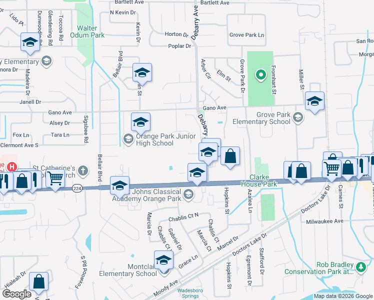 map of restaurants, bars, coffee shops, grocery stores, and more near 1584 Slash Pine Court in Orange Park