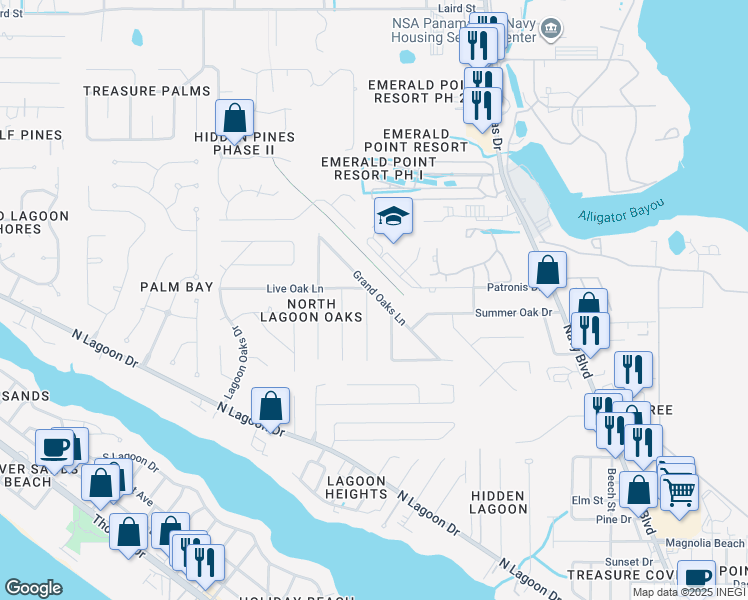 map of restaurants, bars, coffee shops, grocery stores, and more near 2501 Shady Oak Court in Panama City