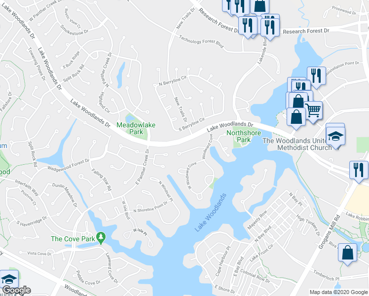 map of restaurants, bars, coffee shops, grocery stores, and more near 26 Summer Port in Spring