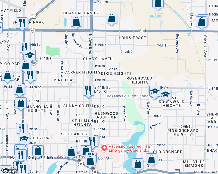 map of restaurants, bars, coffee shops, grocery stores, and more near 819 East 11th Street in Panama City