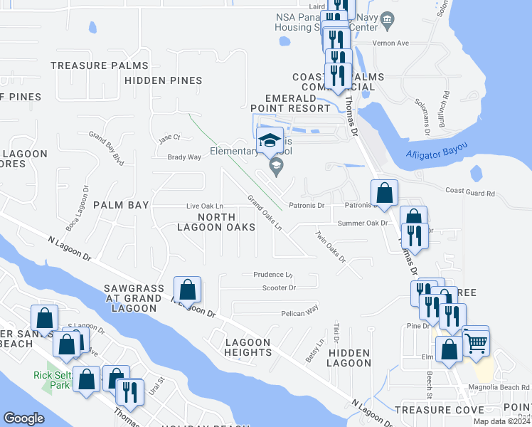 map of restaurants, bars, coffee shops, grocery stores, and more near 2325 Grand Oaks Lane in Panama City