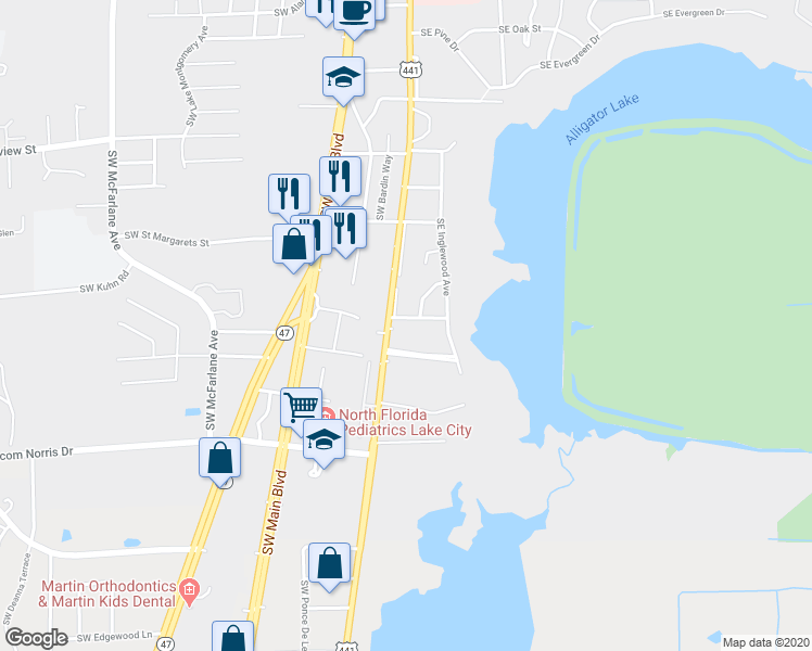 map of restaurants, bars, coffee shops, grocery stores, and more near 140 Southeast Lakewood Lane in Lake City
