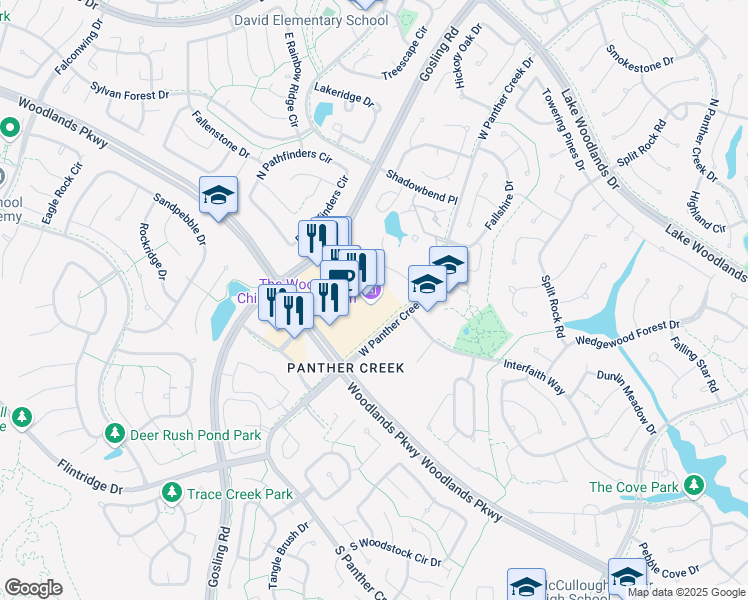 map of restaurants, bars, coffee shops, grocery stores, and more near 4775 West Panther Creek Drive in The Woodlands