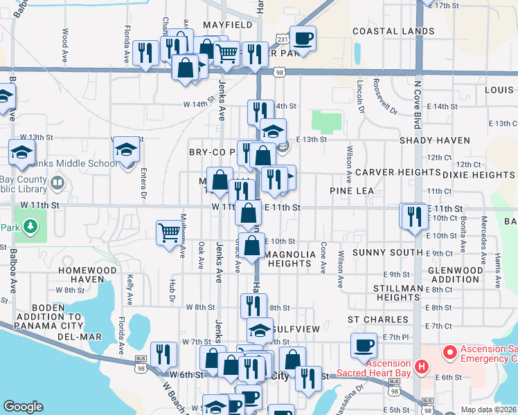 map of restaurants, bars, coffee shops, grocery stores, and more near 5 East 11th Street in Panama City