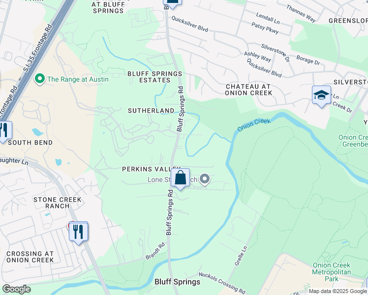 map of restaurants, bars, coffee shops, grocery stores, and more near 8305 Bluff Springs Road in Austin
