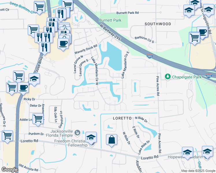 map of restaurants, bars, coffee shops, grocery stores, and more near 3440 Ricky Court in Jacksonville