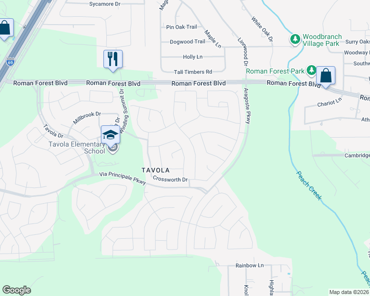 map of restaurants, bars, coffee shops, grocery stores, and more near 18947 Rosewood Terrace Drive in New Caney