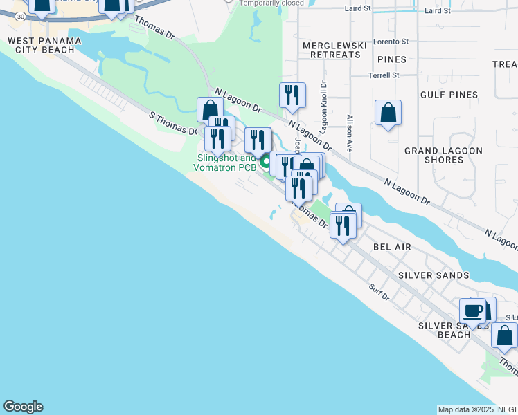 map of restaurants, bars, coffee shops, grocery stores, and more near 8743 Thomas Drive in Panama City Beach