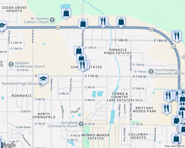 map of restaurants, bars, coffee shops, grocery stores, and more near 3909 East 11th Street in Panama City