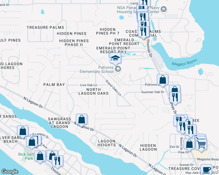 map of restaurants, bars, coffee shops, grocery stores, and more near 2501 Shady Oak Court in Panama City