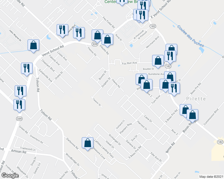 map of restaurants, bars, coffee shops, grocery stores, and more near 312 Vieux Orleans Circle in Lafayette