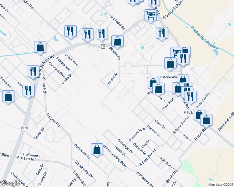 map of restaurants, bars, coffee shops, grocery stores, and more near 112 Vieux Orleans Circle in Lafayette