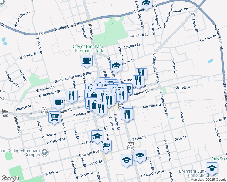 map of restaurants, bars, coffee shops, grocery stores, and more near 201 East Main Street in Brenham