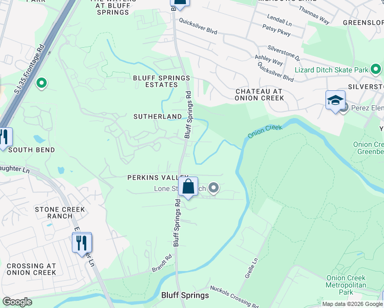 map of restaurants, bars, coffee shops, grocery stores, and more near 8305 Bluff Springs Road in Austin