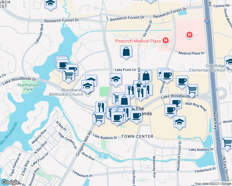 map of restaurants, bars, coffee shops, grocery stores, and more near 9400 Grogans Mill Road in Spring