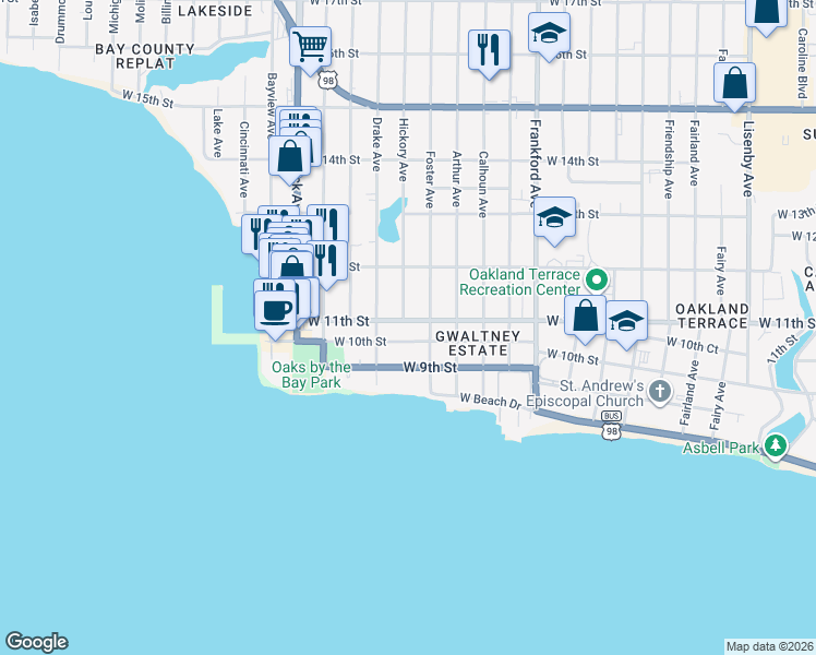 map of restaurants, bars, coffee shops, grocery stores, and more near 2503 West 11th Street in Panama City