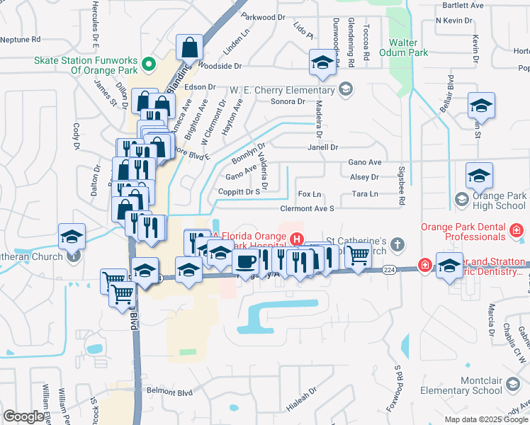 map of restaurants, bars, coffee shops, grocery stores, and more near 520 Clermont Avenue South in Orange Park