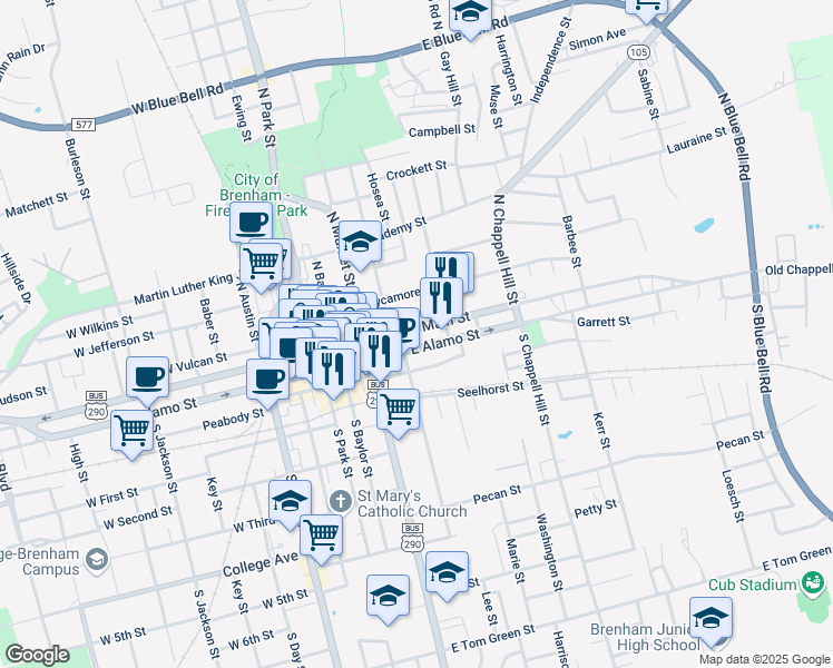 map of restaurants, bars, coffee shops, grocery stores, and more near 408 E Main St in Brenham