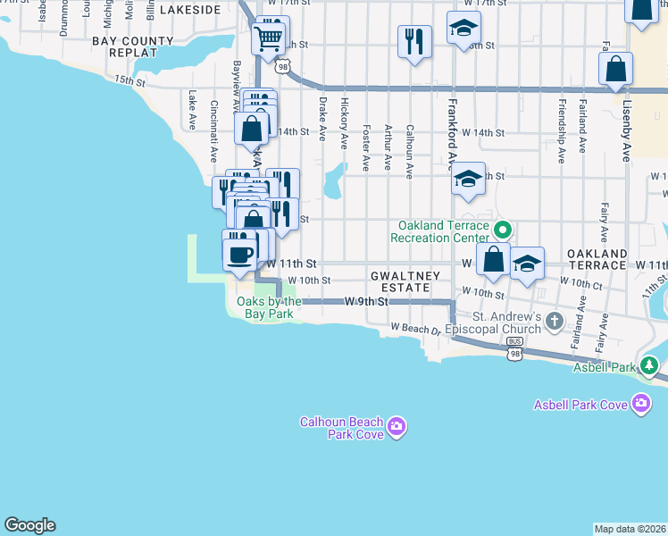 map of restaurants, bars, coffee shops, grocery stores, and more near 2607 West 11th Street in Panama City