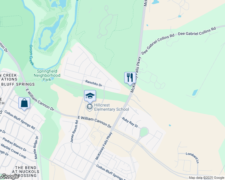 map of restaurants, bars, coffee shops, grocery stores, and more near 7201 Ranchito Drive in Austin