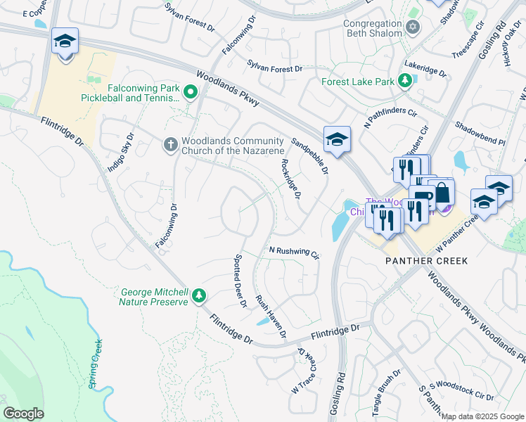 map of restaurants, bars, coffee shops, grocery stores, and more near 112 Tree Crest Circle in Spring