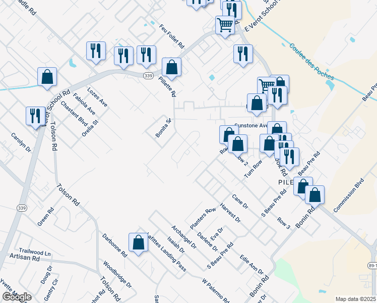 map of restaurants, bars, coffee shops, grocery stores, and more near 312 Vieux Orleans Circle in Lafayette