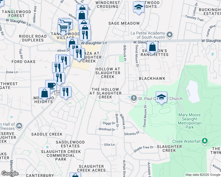 map of restaurants, bars, coffee shops, grocery stores, and more near 1404 Cedar Stand Pass in Austin