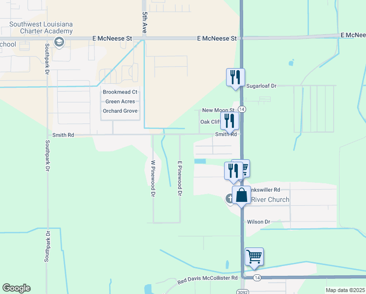 map of restaurants, bars, coffee shops, grocery stores, and more near 5549 East Pinewood Drive in Lake Charles
