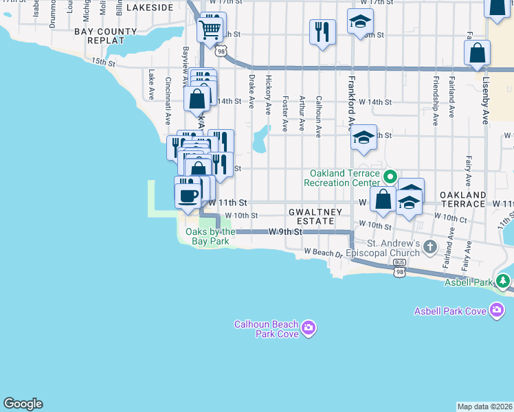 map of restaurants, bars, coffee shops, grocery stores, and more near 2607 West 11th Street in Panama City