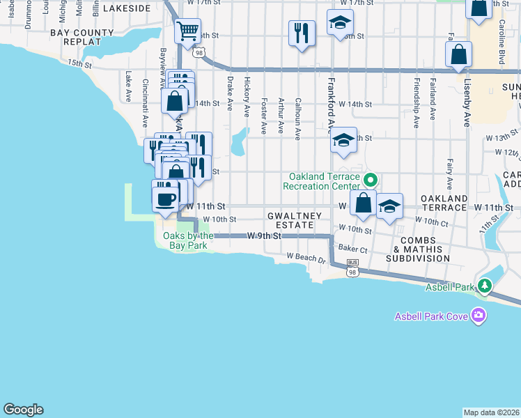 map of restaurants, bars, coffee shops, grocery stores, and more near 2409 West 11th Street in Panama City