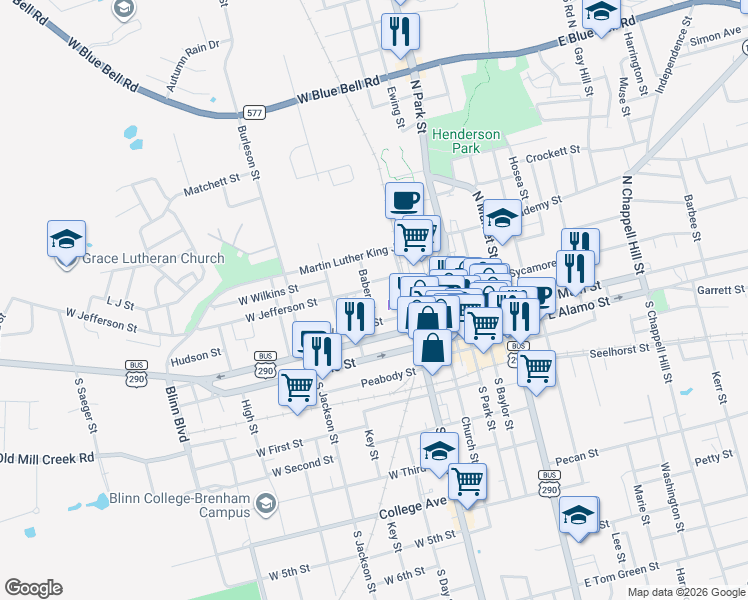 map of restaurants, bars, coffee shops, grocery stores, and more near 206 Baber Street in Brenham