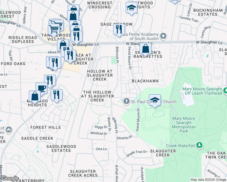map of restaurants, bars, coffee shops, grocery stores, and more near 9910-10160 Bilbrook Place in Austin
