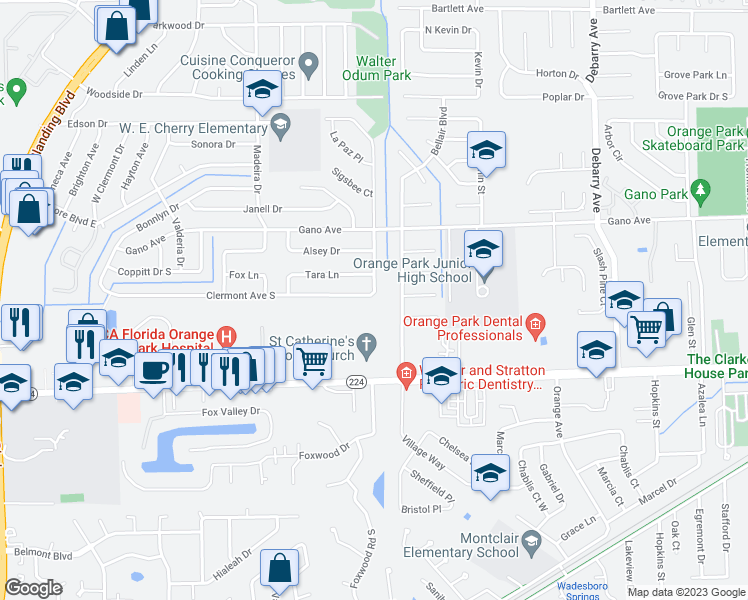 map of restaurants, bars, coffee shops, grocery stores, and more near 598 Clermont Avenue South in Orange Park