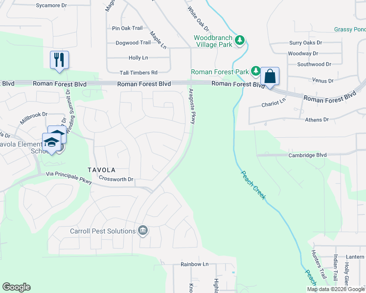 map of restaurants, bars, coffee shops, grocery stores, and more near 1600 Athens Drive in Roman Forest