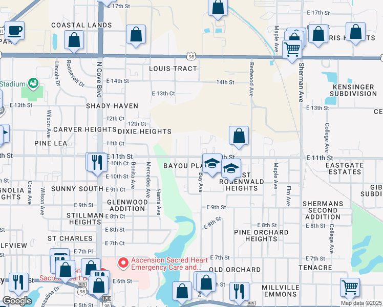 map of restaurants, bars, coffee shops, grocery stores, and more near 1201 East 11th Street in Panama City