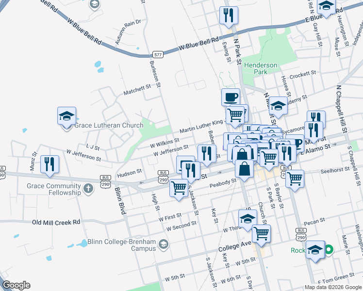 map of restaurants, bars, coffee shops, grocery stores, and more near 512 West Jefferson Street in Brenham