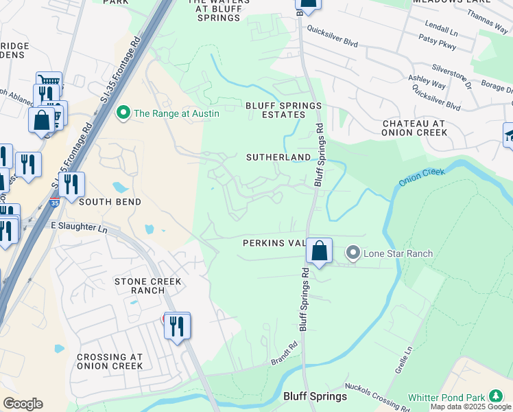 map of restaurants, bars, coffee shops, grocery stores, and more near 8350 Bluff Springs Road in Austin