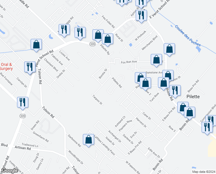 map of restaurants, bars, coffee shops, grocery stores, and more near 112 Vieux Orleans Circle in Lafayette