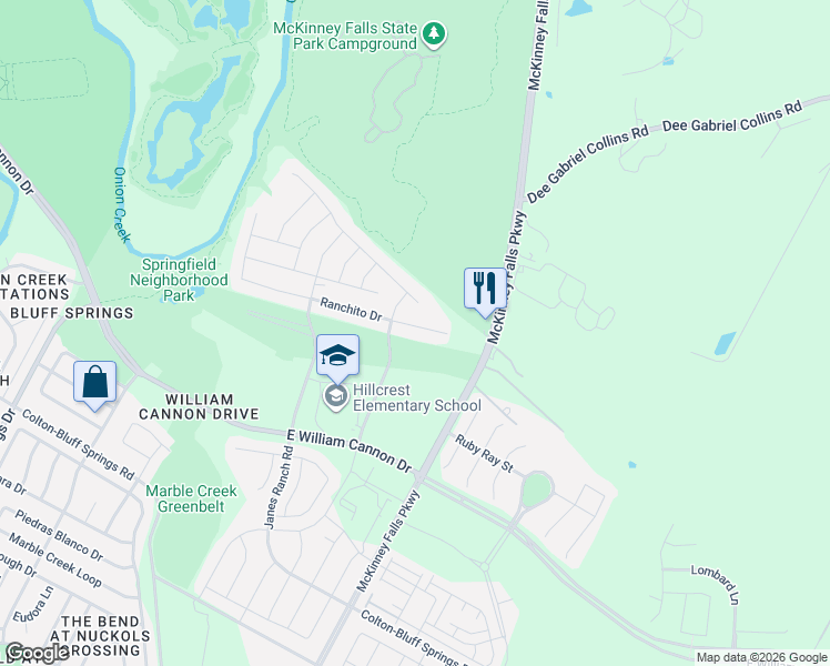 map of restaurants, bars, coffee shops, grocery stores, and more near 7101 Ranchito Drive in Austin