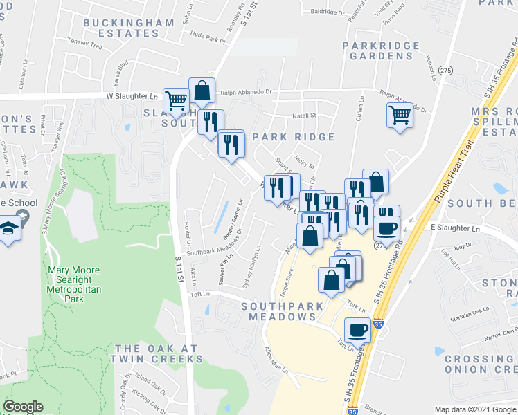 map of restaurants, bars, coffee shops, grocery stores, and more near 315 West Slaughter Lane in Austin