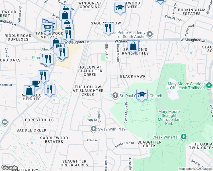 map of restaurants, bars, coffee shops, grocery stores, and more near 9935 Bilbrook Place in Austin