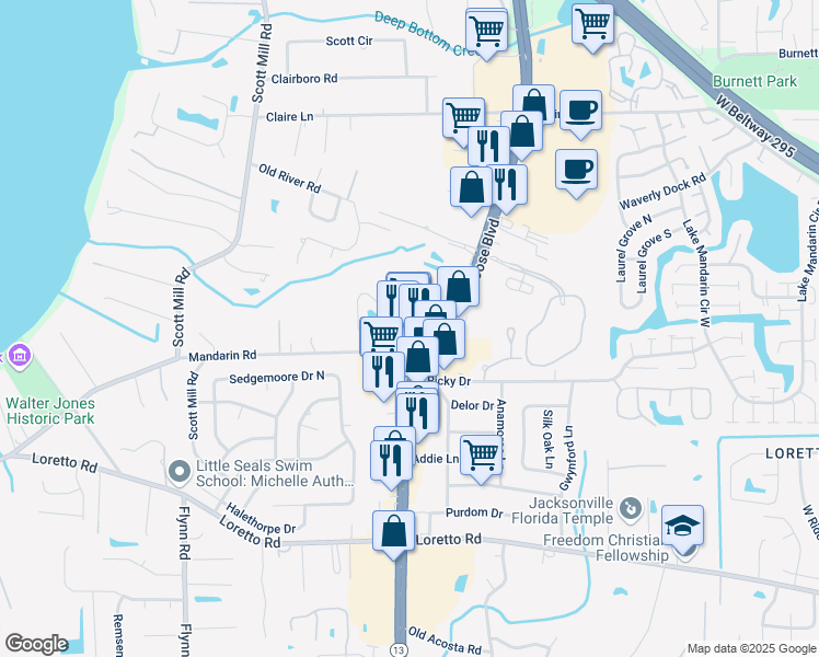 map of restaurants, bars, coffee shops, grocery stores, and more near 11362 San Jose Boulevard in Jacksonville