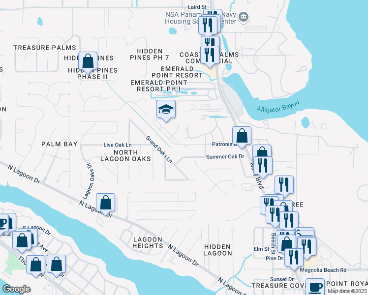 map of restaurants, bars, coffee shops, grocery stores, and more near 7221 Patronis Drive in Panama City Beach