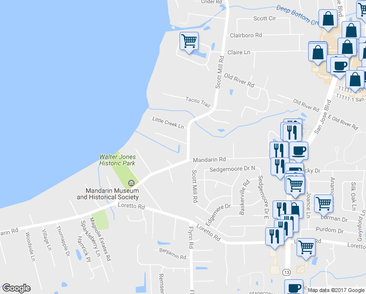 map of restaurants, bars, coffee shops, grocery stores, and more near 2694 Sims Cove Lane in Jacksonville