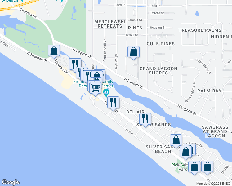 map of restaurants, bars, coffee shops, grocery stores, and more near 204 Bonita Circle in Panama City