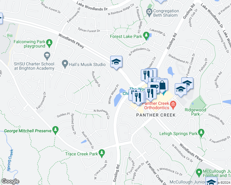 map of restaurants, bars, coffee shops, grocery stores, and more near 50 Winter Wheat Place in Spring